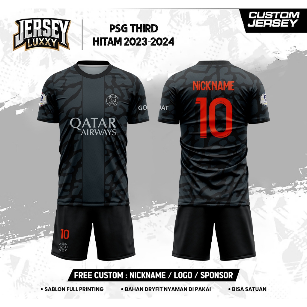 Jersey Sepak Bola Desain PSG 3 HITAM 2023-2024 Jersey Free Nama dan Nomor Pungung Full Printing