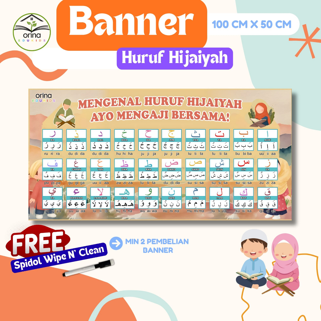 ORINAEDUKIDS Banner Aeshtetic Huruf Hijaiyah Ukuran Besar 1 M x 0.5 M Full Design Menarik Warna Warn