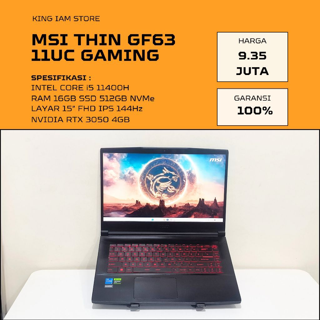 MSI THIN GF63 11UC INTEL i5 NVIDIA RTX 3050 RAM 16GB LAYAR 144Hz