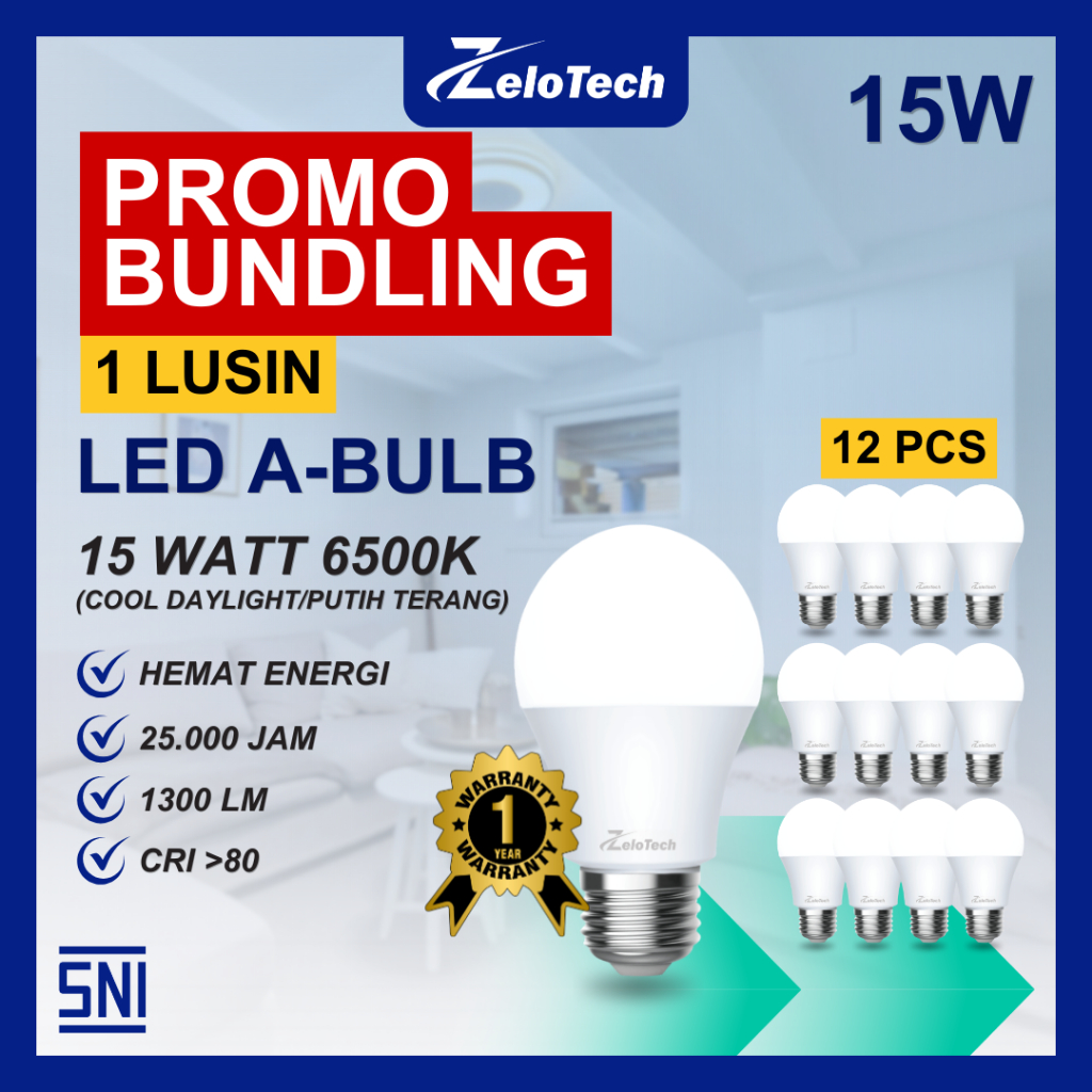 (Paket Hemat 12 Pcs) Zelotech Lampu A Bulb 15W 1300LM E27 Bohlam Rumah Murah SNI / Lampu LED Cahaya 
