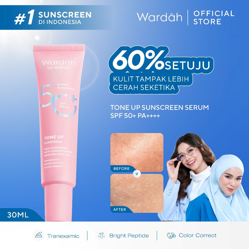 Wardah Sunscreen UV Shield Tinted Tone Up SPF 50 PA 30 ml - Makeup Primer, Base Make Up, Mencerahkan