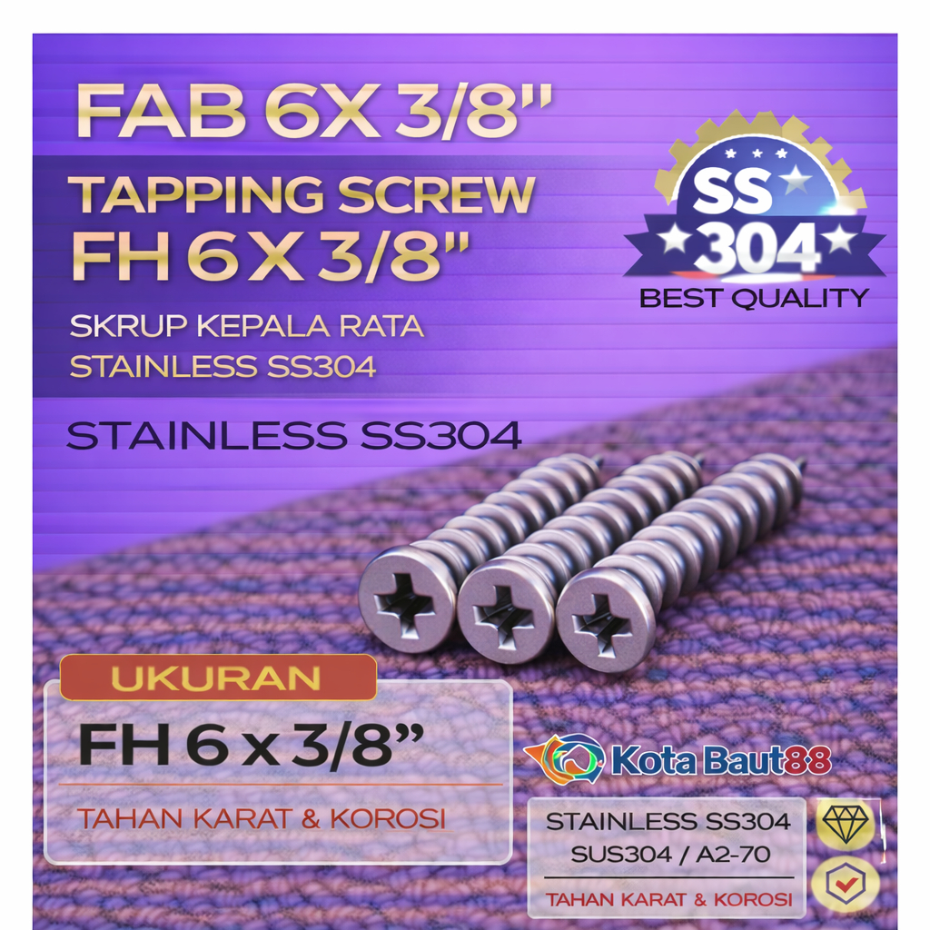 FAB 6X  3/8 Tapping Screw FH 6 X   3/8 Skrup Kepala Rata Stainless SS304
