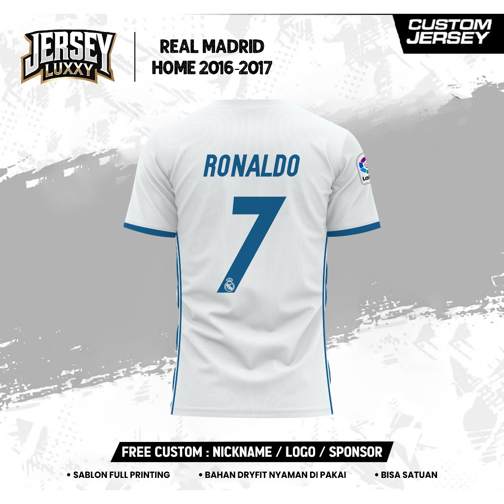 Jersey Bola REAL MADRID HOME 2016-2017 PENDEK Free custom nama dan no punggung Full printing