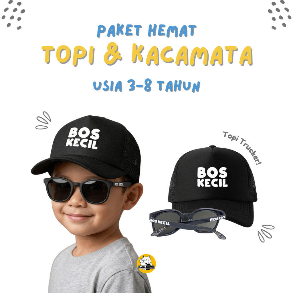 Paket Hemat Topi Anak dan Kacamata Bos Kecil Trucker Jaring Hat Kids Black Premium Quality Cowok Usi