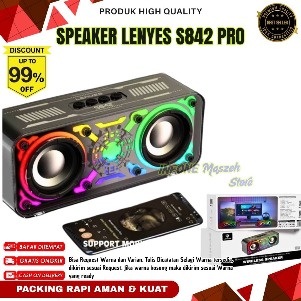 LENYES S842 Speaker Bluetooth 18W Original 100% Ori Bukan KW RGB Transparan TWS Stereo Bass Powerful
