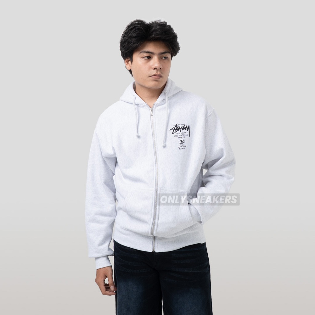 STUSSY WORLD TOUR ZIP ASH HEATHER HOODIE