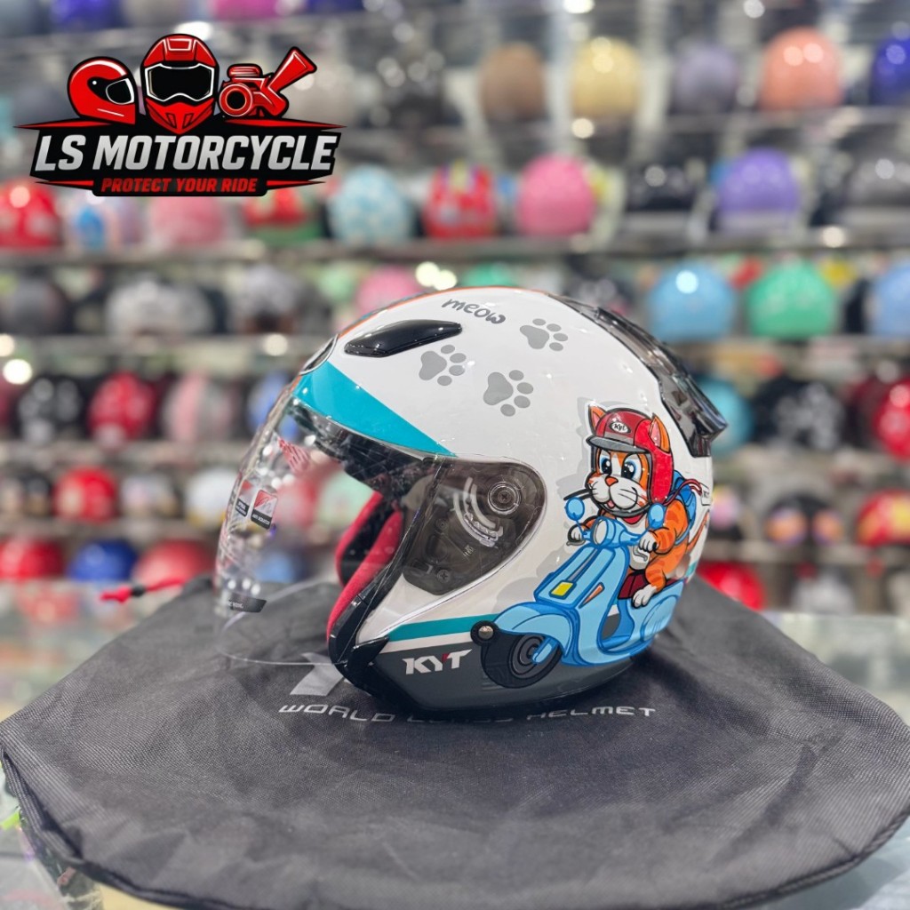 Helm KYT DJ Maru Motif Kucing Cat Meow #20 White Single Visor Half Face KYT Djmaru Size M-XL