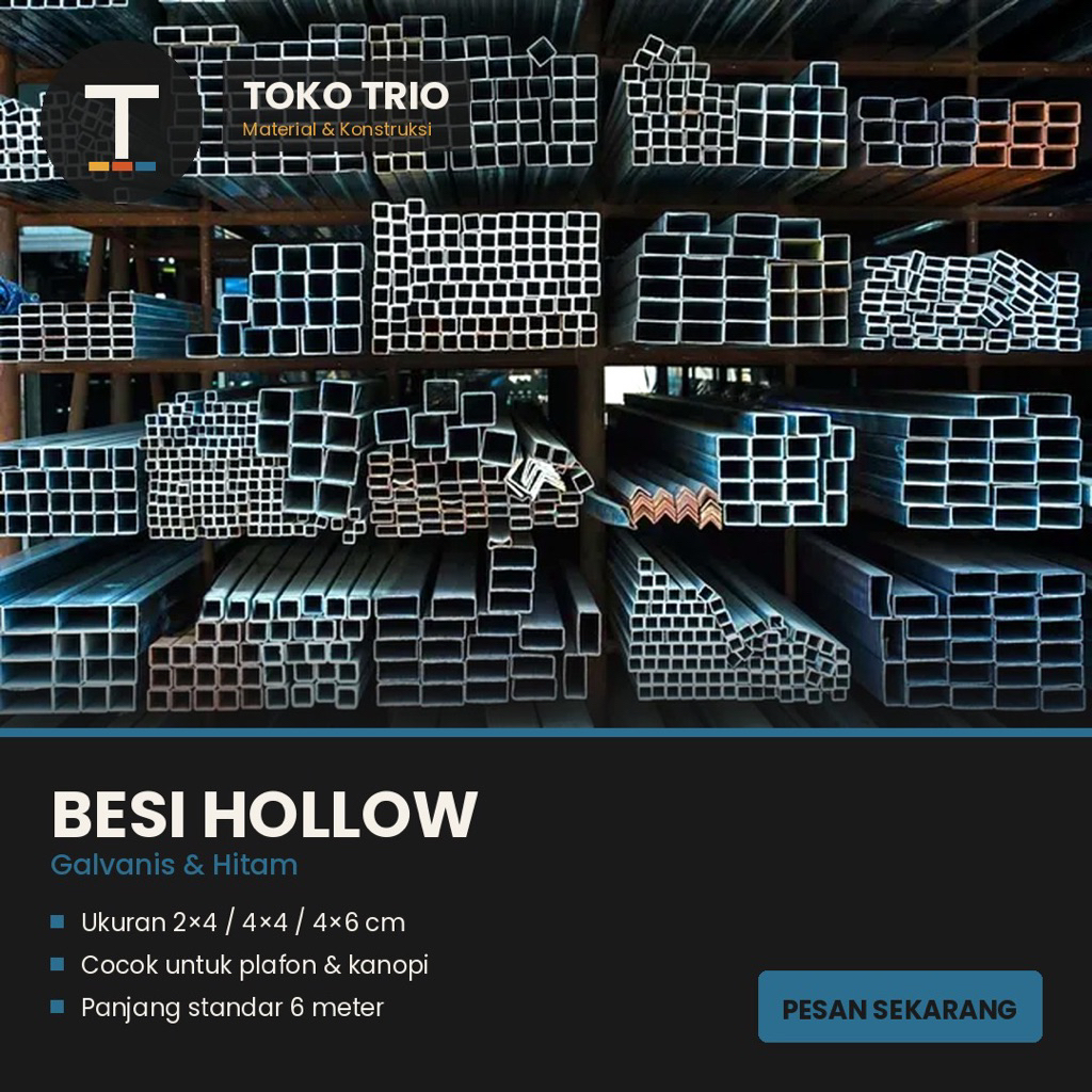 Besi Hollow Galvanis Hitam 2x4 4x4 4x6 Rangka Plafon Kanopi Pagar per Batang 6 Meter