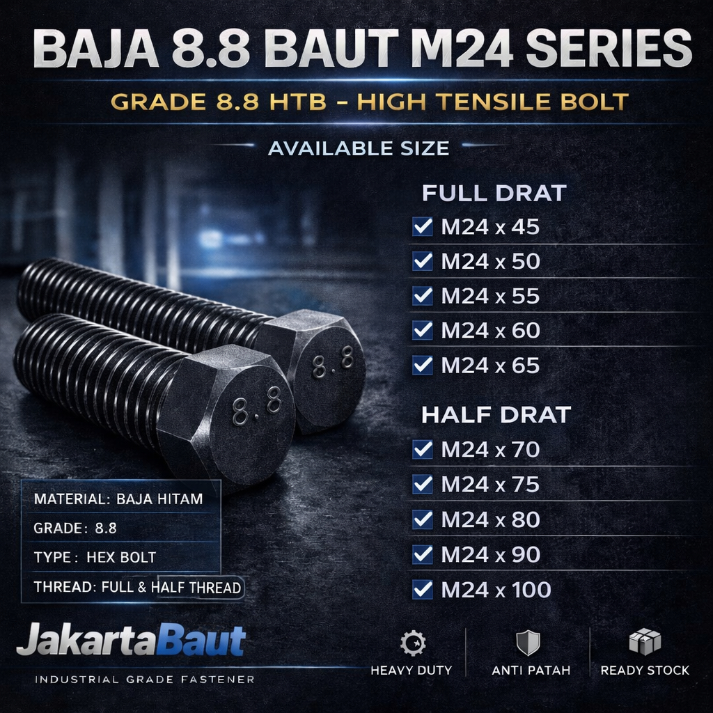 Baja 8.8 Baut M24X70 / Baut 24X70 / M24 X 70 / 24 X 70  Grade 8.8 HTB - High Tensile Bolt Half Drat