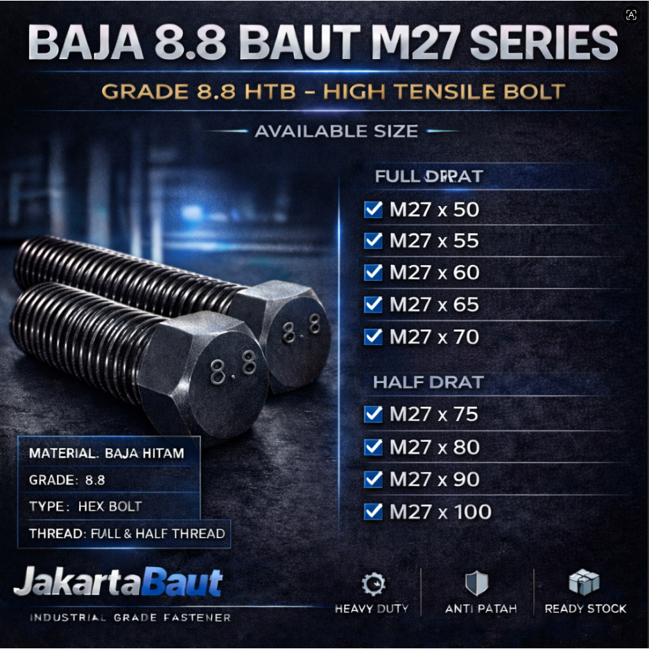 Baja 8.8 Baut M27X50 / Baut 27X50 / M27 X 50 / 27 X 50  Grade 8.8 HTB - High Tensile Bolt Full Drat