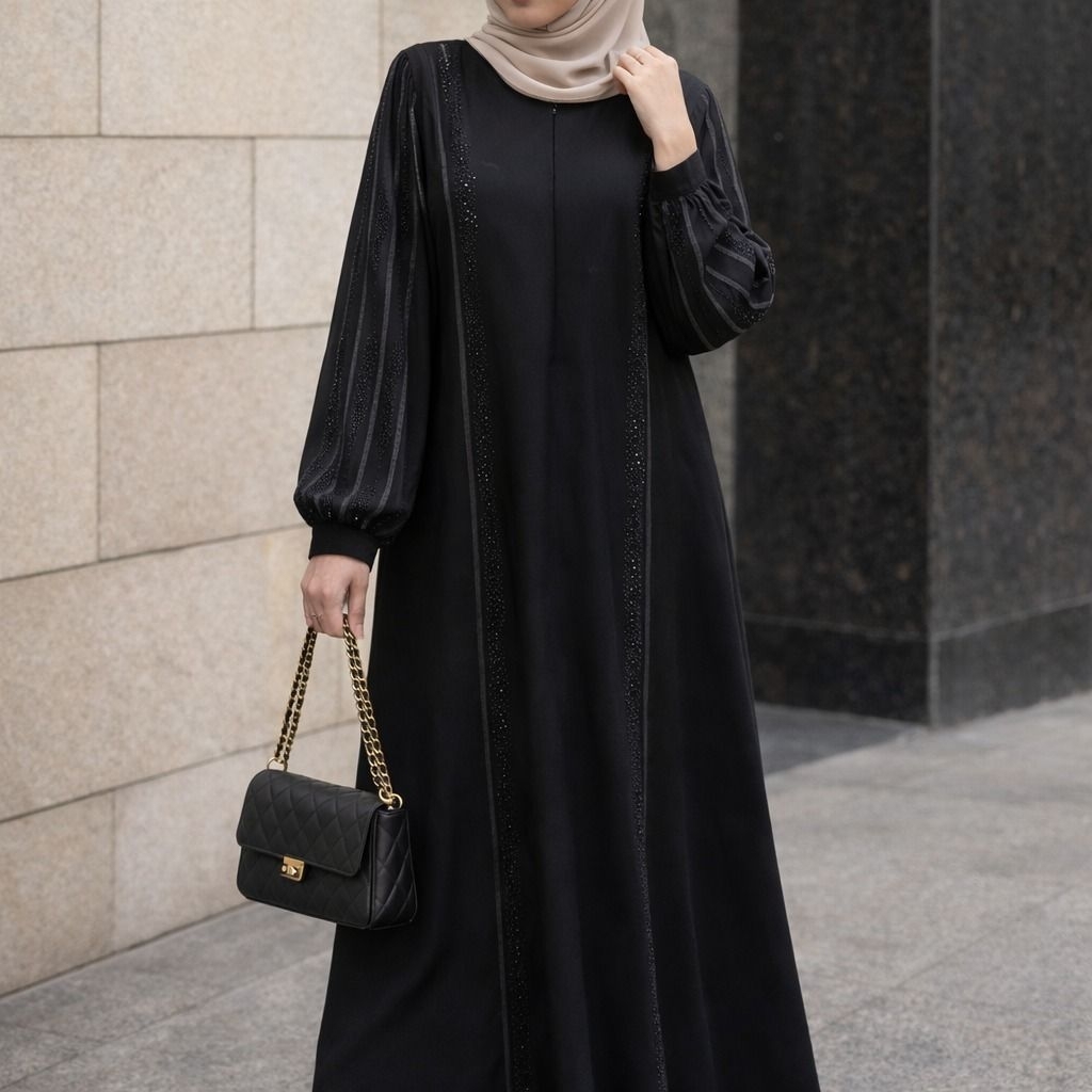 ABAYA UMMA ORI BAHAN FURSAN KOMBINASI BISBAN DAN MATA BLINK HITAM ALKHATIB COLLECTION DEWASA S M L X