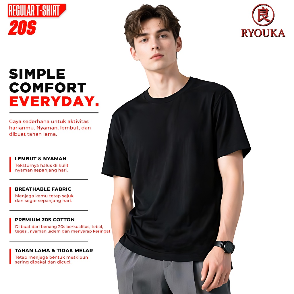 Ryouka Kaos Polos Cotton Combed 20s Baju Pria Wanita Hitam