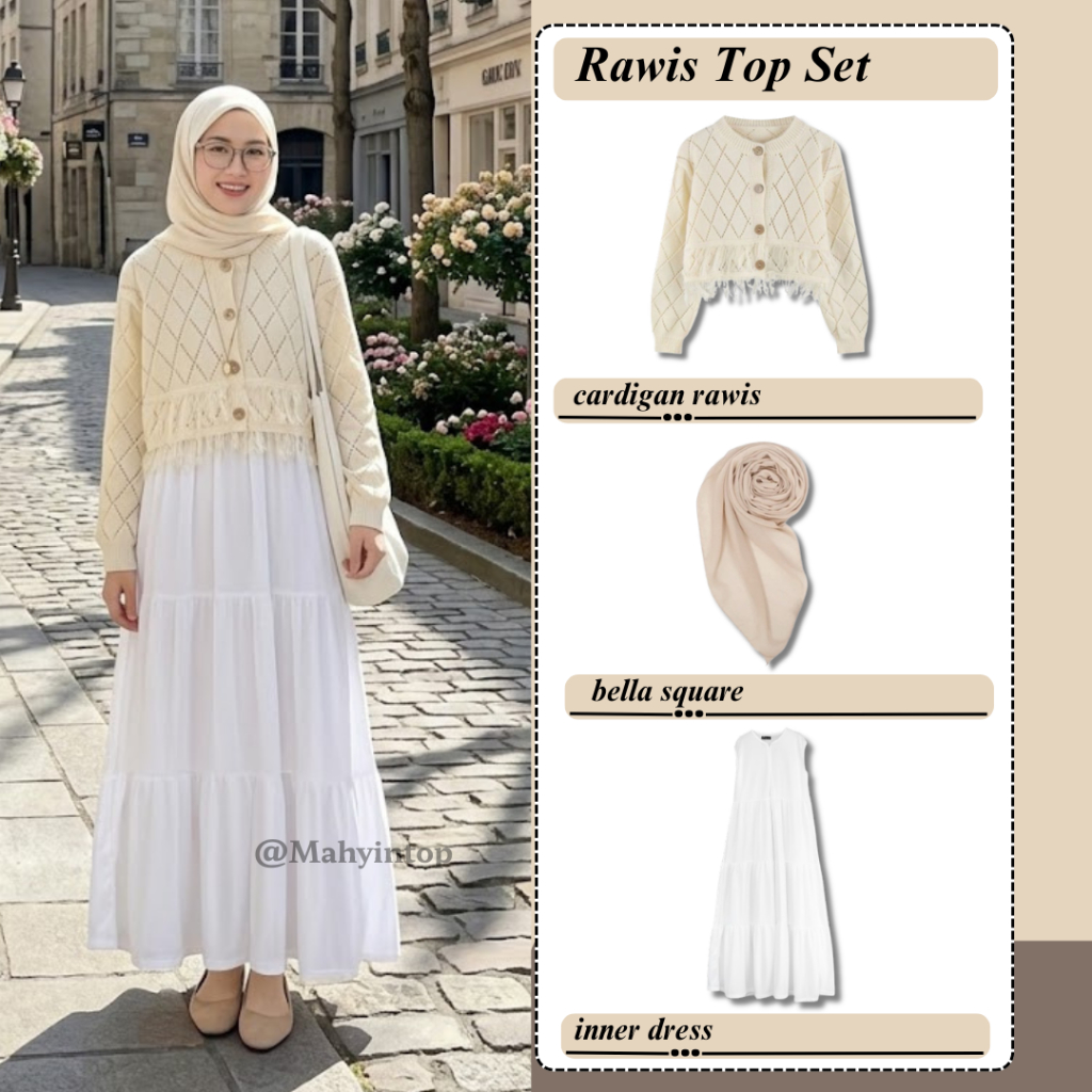 One Set Remaja Korean Style | Cardigan Rawis - Inner Dress - Bella Square | Setelan  Hijab Remaja Ke