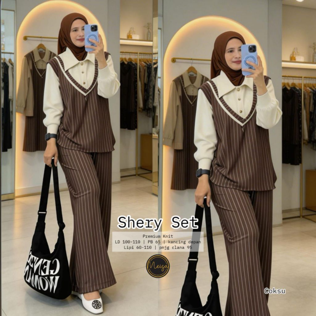 Shery Set Setelan Wanita Celana Cutbray dan Atasan Blouse Motif Garis