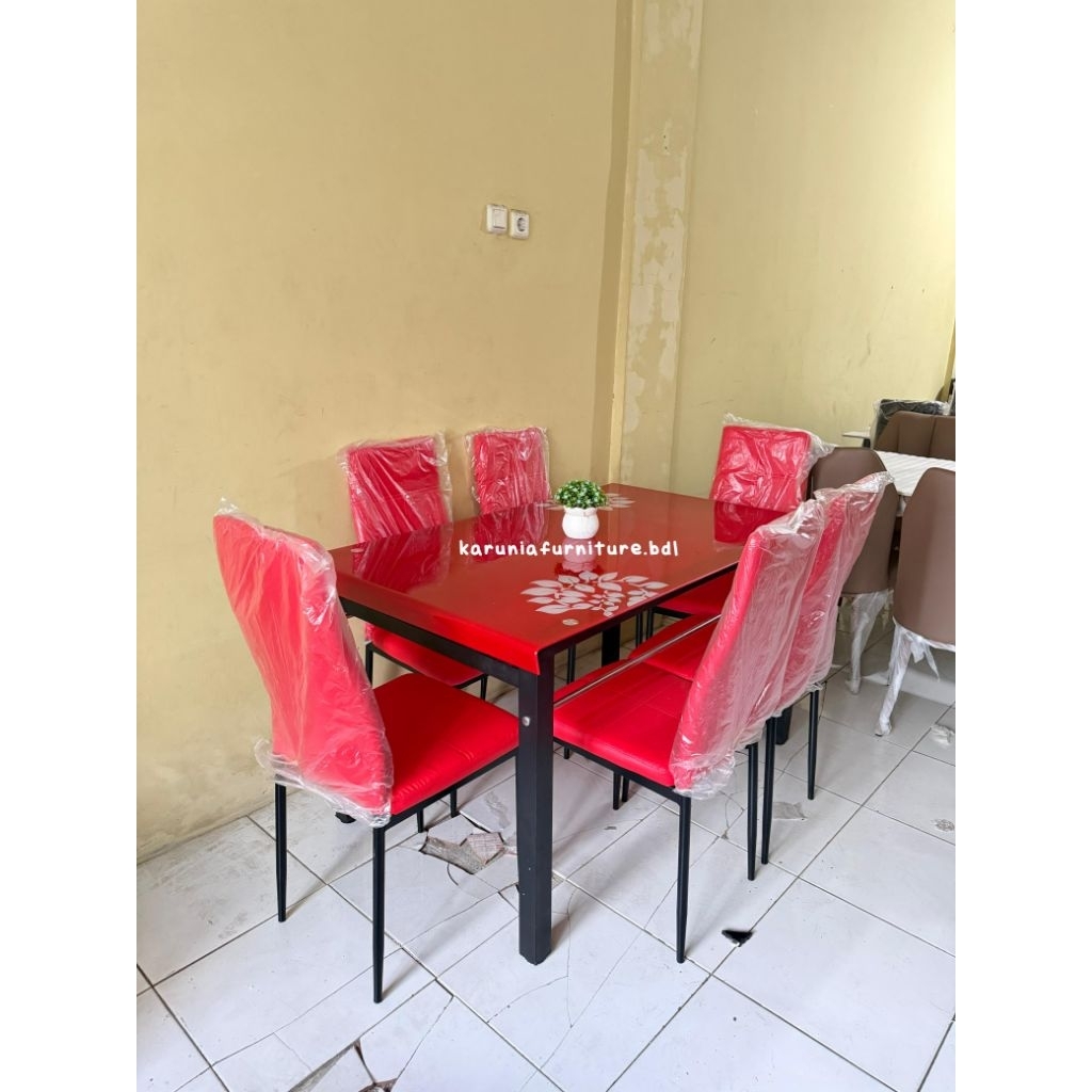 READY MEJA MAKAN PEVITA MERAH 6 KURSI | FREE ONGKIR BANDAR LAMPUNG