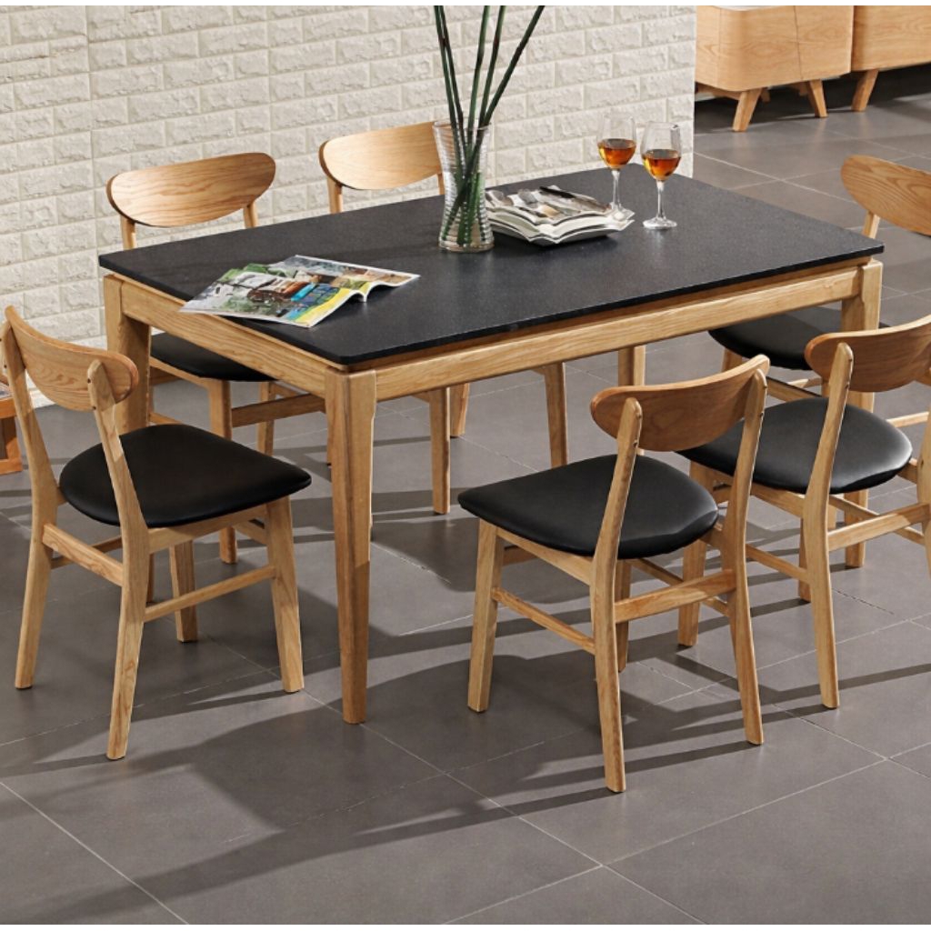 MEJA MAKAN MINIMALIS MODERN 4 KURSI KAYU JATI TOP HITAM SET MEJA MAKAN SCANDINAVIAN /SET MEJA MAKAN 