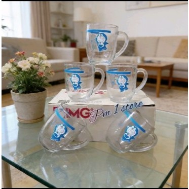NEW!! 6PCS Gelas Kopi Beling Motif DORAEMON/Gelas Kopi Kaca Gagang Karakter imut ( COD )