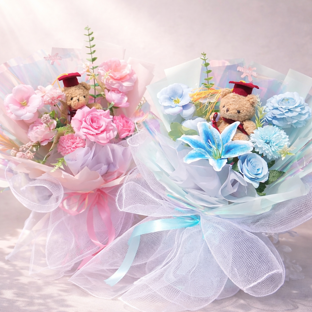 Buket Boneka Wisuda Premium + Bunga Artificial |Kado Graduation Bouquet Kelulusan Cewek Cowok