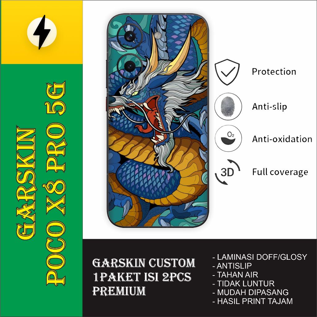 GARSKIN POCOPHONE X8 PRO 5G FULL BODY X DRAGON SKIN PREMIUM ISI 2 BUAH - BISA CUSTOM ORDER