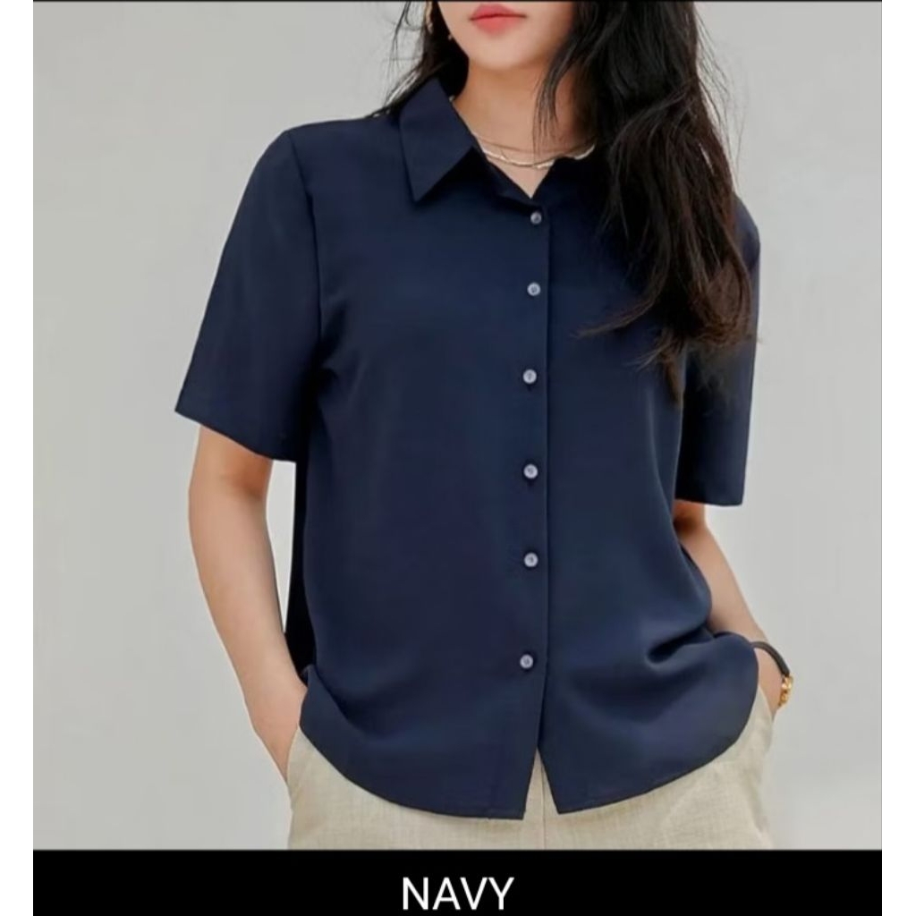 kemeja polos lengan  pendek wanita baju cewek murah warna hitam putih sage