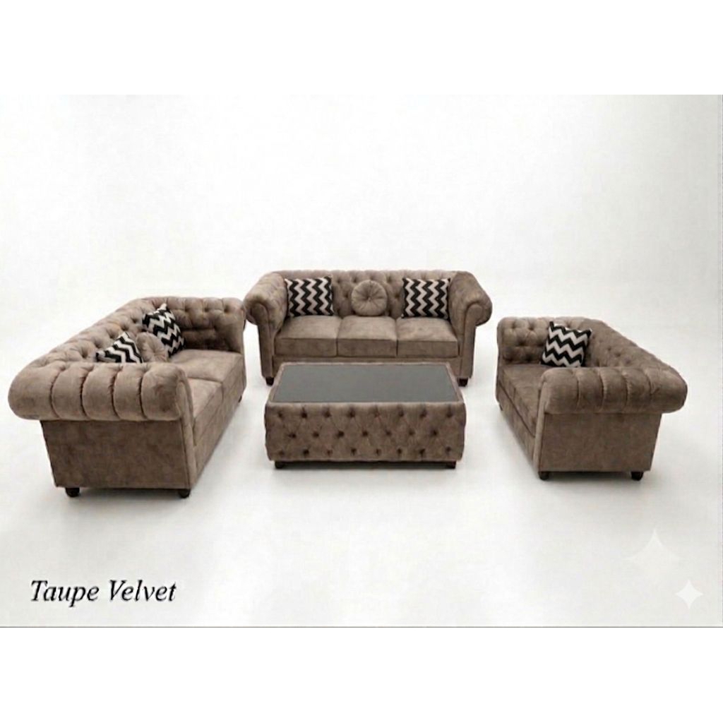 Sofa Chesterfield Set 321 Premium Taupe Velvet - Kursi Ruang Tamu Mewah Eksklusif