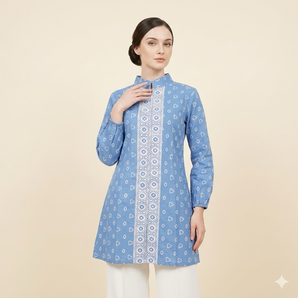 Shanaya Baju Batik Wanita Tunik Biru Muda Cinde Bisa Pesen Couple Kemeja dan Seragaman Cantik Untuk 