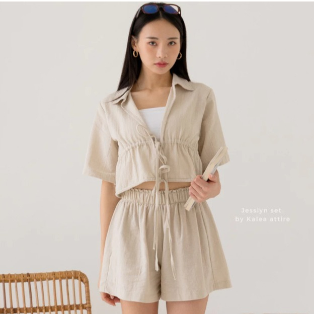 Jesselyn One Set Bahan Linen Premium Set Baju Crop + Celana Pendek Stelan Muslim Kekinian OneSet Vir