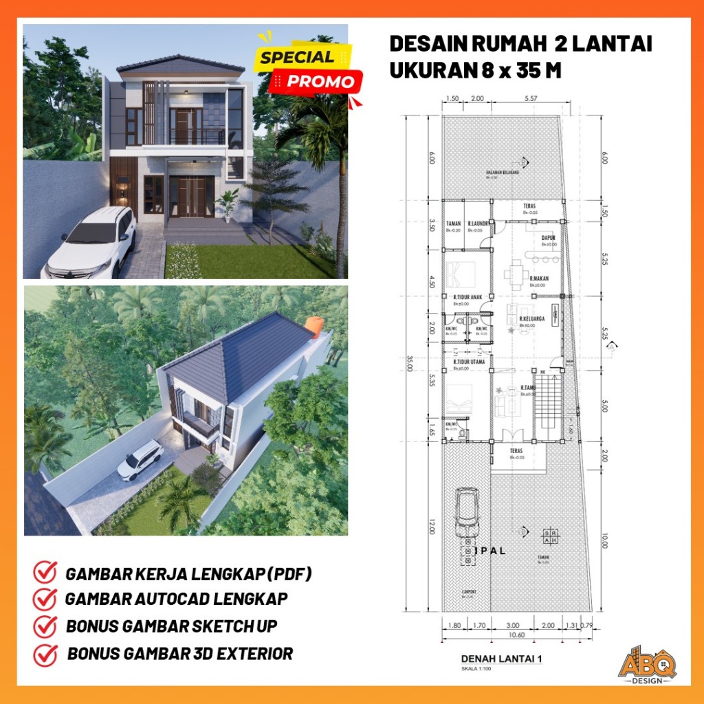 Paket Desain Rumah 2 Lantai Ukuran 8 x 35 meter 5 Kamar Tidur