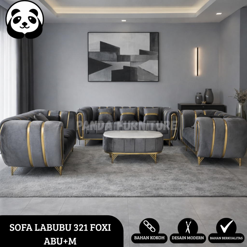 PROMO SOFA LABUBU FOXY 321 PREMIUM KAIN BLUDRU + MEJA + BANTALAN NYA KAIN BELUDRU / SOFA MEWAH AESTH