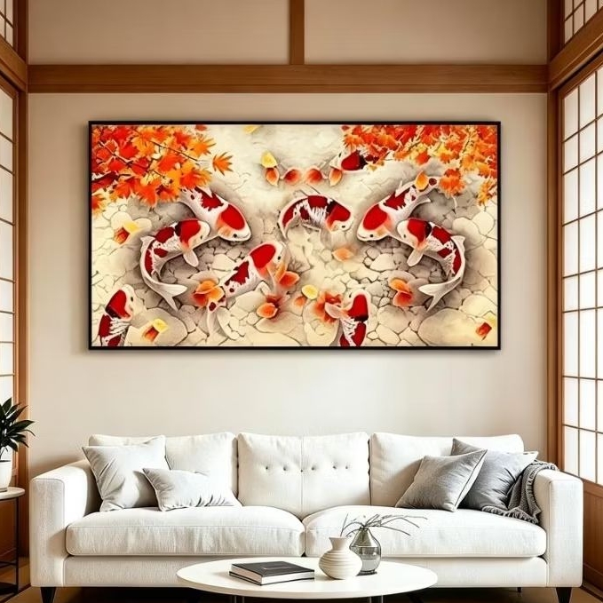 Lukisan Ikan Koi 9 Ekor Fengshui Abstrak Kanvas Handmade Modern Art - Hiasan Dinding Minimalis Ruang