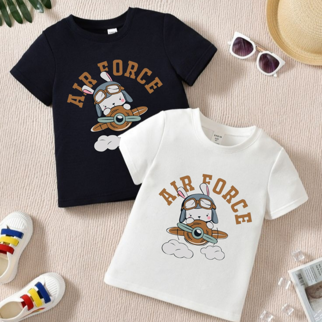 Kaos Anak Unisex Motif Air Force Warna Hitam Putih Lengan Pendek Kasual Usia 2-10thn