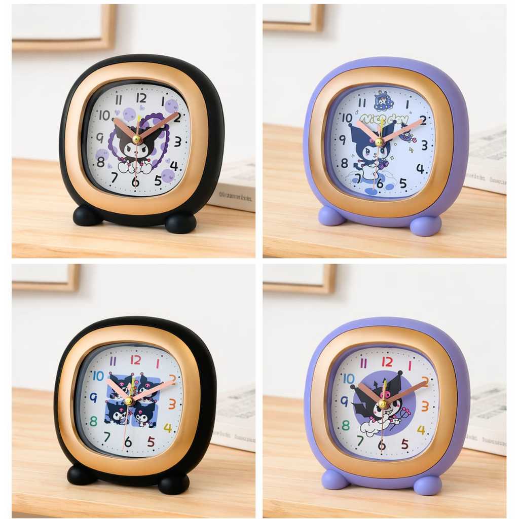Jam Meja Kartun Karakter Lucu Warna Hitam Ungu Emas Desain Kotak Dekoratif