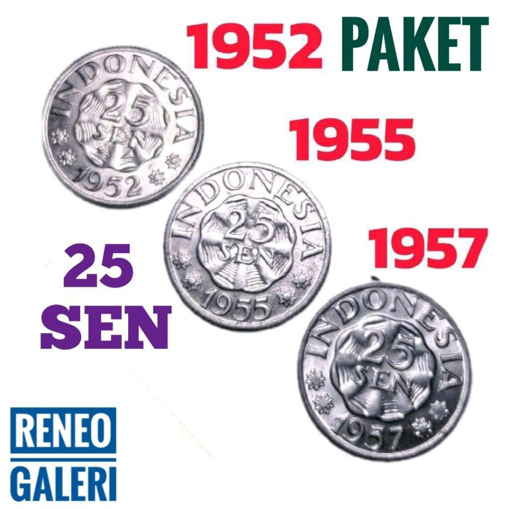 Paket Tahun lengkap 25 Sen Garuda isi 3, tahun 1952 1955 1957 masih berkilau uang kuno asli koin ori