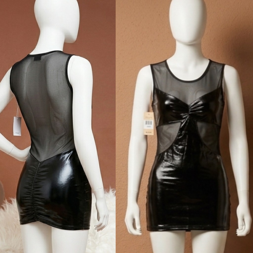 Bodycon Dress Latex Renda Mini Dress Ketat Kulit Imitasi