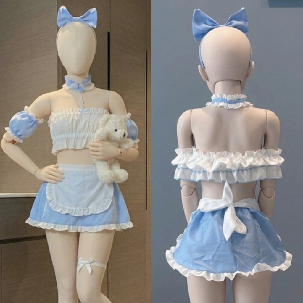 Setelan Cosplay Anime Kartun Baju & Rok & Bando Model Maid Ribbon Eropa Biru Kotak