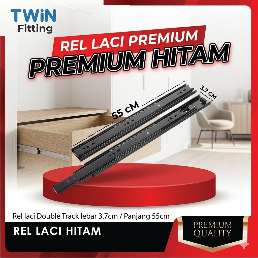 TWIN Rel Laci Double Track 55cm Ball Bearing Full Extension - Rel Teleskopik Lemari Kabinet Premium