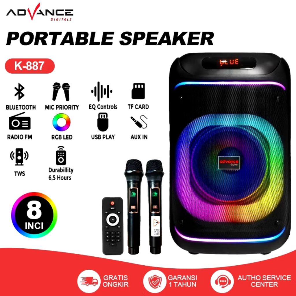 ADVANCED Speaker Portable 8 Inch K-887 Speaker Bluetooth