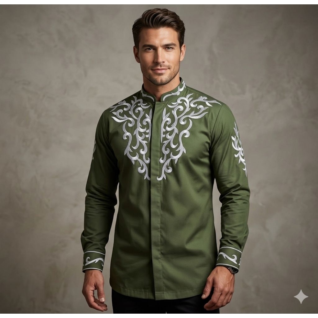 ( COD ) BAJU KOKO PRIA / MUSLIM PRIA / KEMEJA KOKO BORDIR ADDHIBA ARMY
