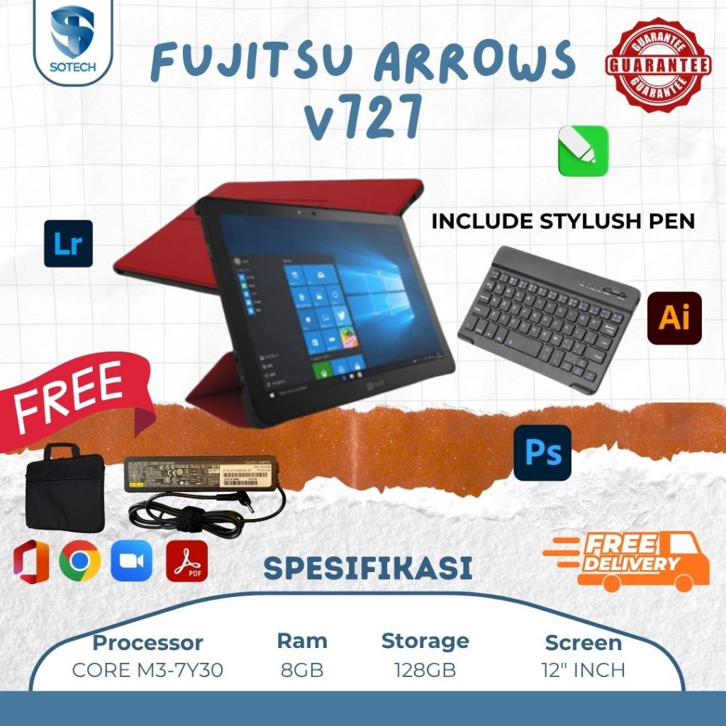 Fujitsu Arrows V727 Tablet Windows | Core m3 Gen 7, RAM 8GB, Touch + Stylus, Ringan & Siap Pakai