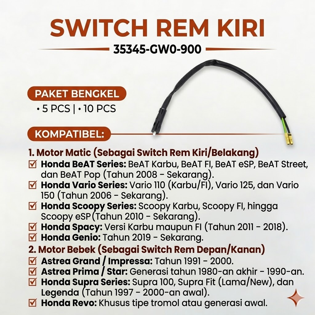 (GROSIR BENGKEL) SWITCH REM KIRI BEAT FI, VARIO, SCOOPY, SPACY, SUPRA, BLADE, REVO, GRAND (35345-GWO