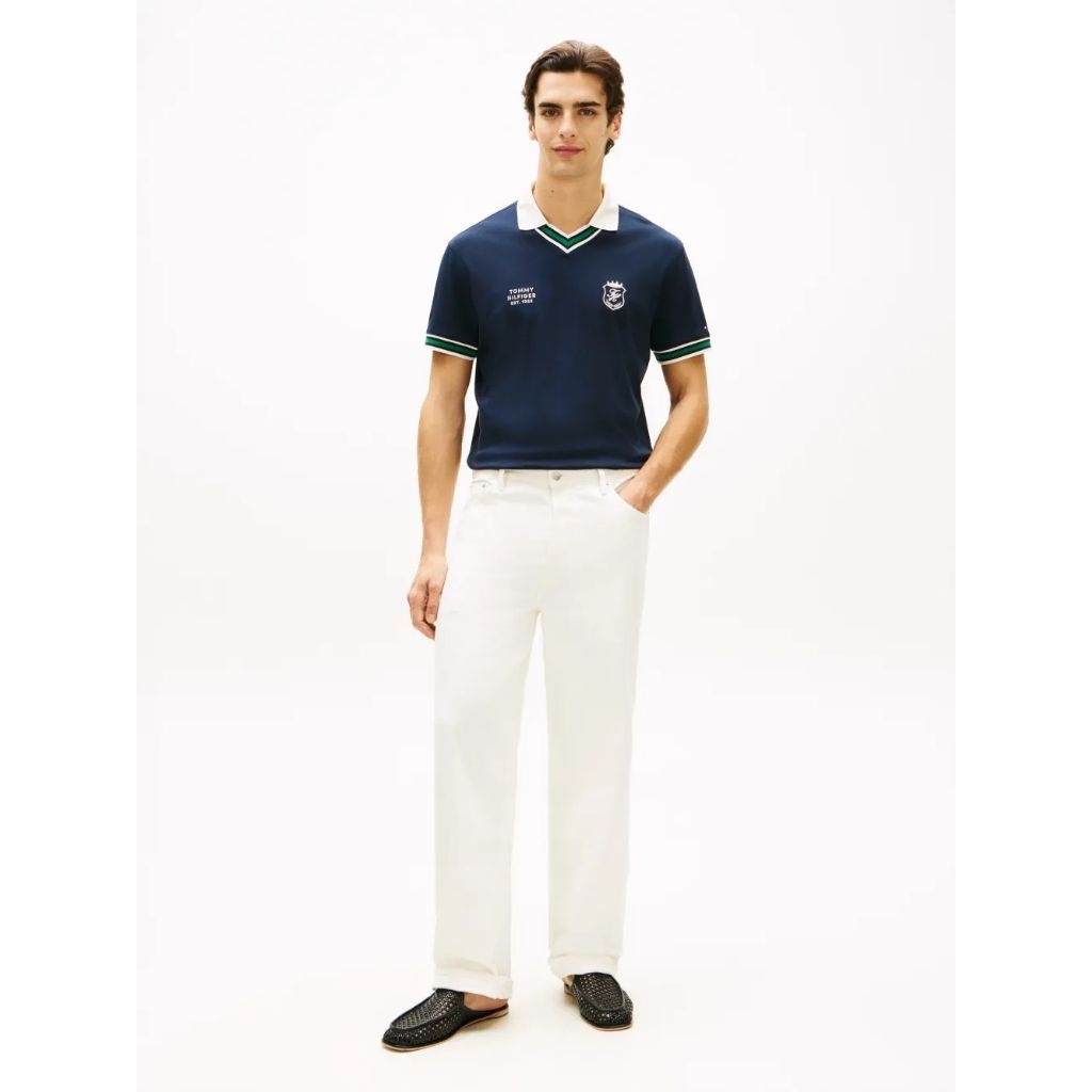 Tommy Hilfiger Men's THRMW42830DW Relaxed Fit Tipped V- Neck Polo Shirt Pria - Navy