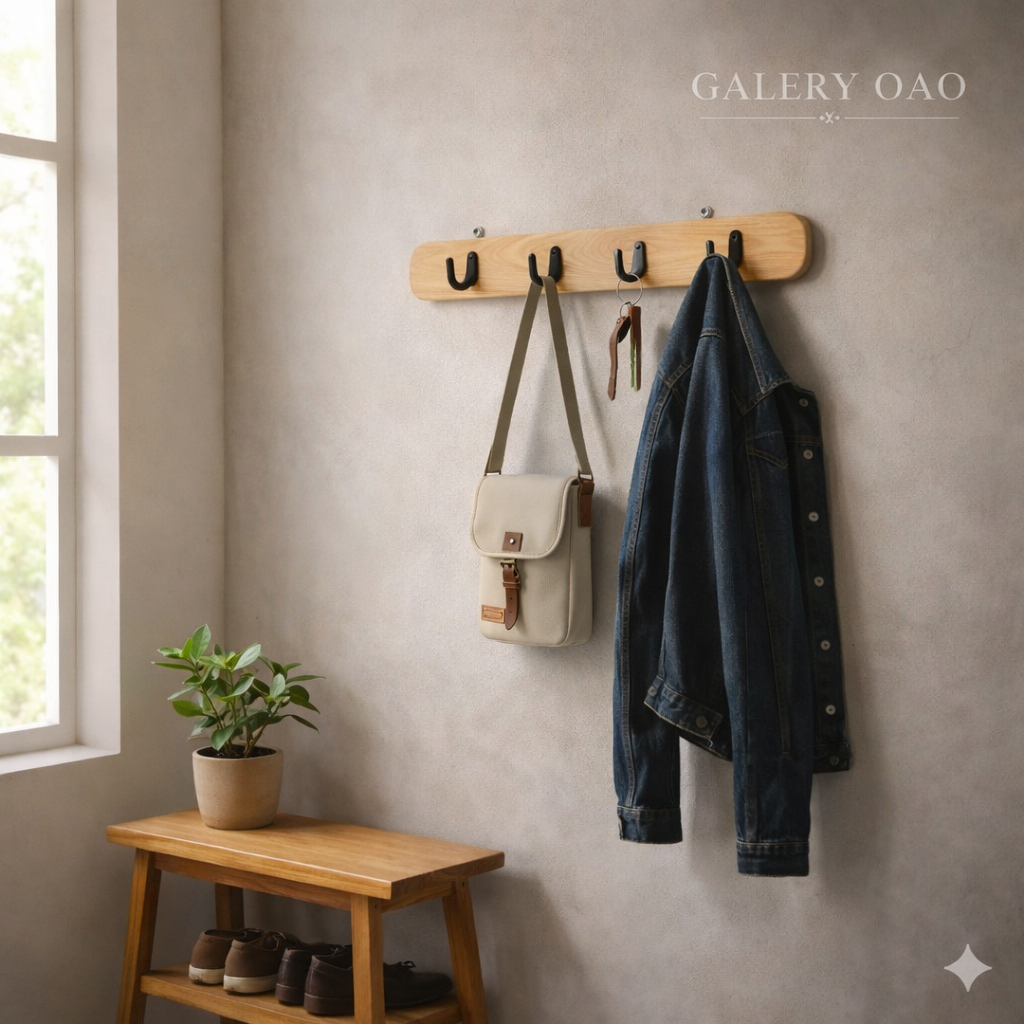 Gantungan Dinding Kayu 6 Kait – Kapstok Estetik Natural untuk Tas Baju Jaket