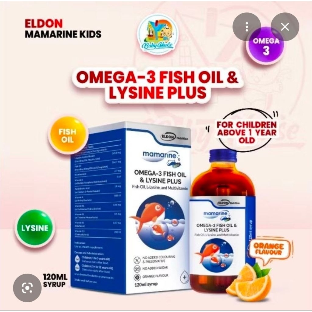 Eldon Mamarine Omega-3 Fish Oil & Lysine Plus Syrup. 