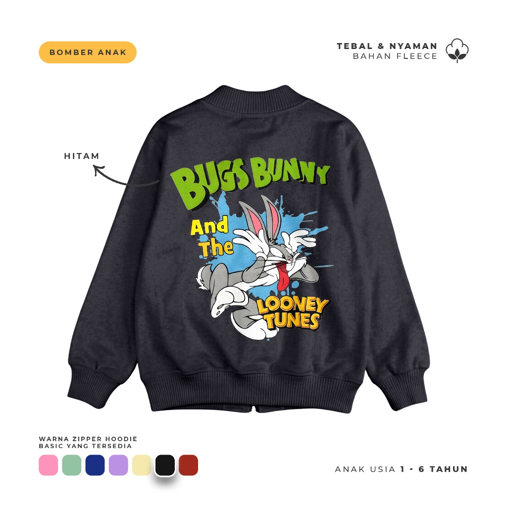 Ulakids Bomber Zipper Jacket / Jaket Bomber Bugs Bunny And The Loney Tunes Anak 1-6thn