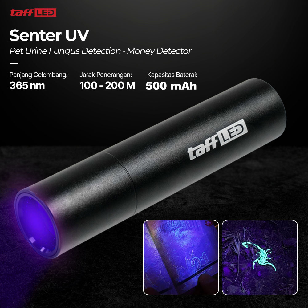 Senter UV Mini TaffLED Sistem Cas S11-Z 365nm - Deteksi Urin Hewan & Uang, Rechargeable