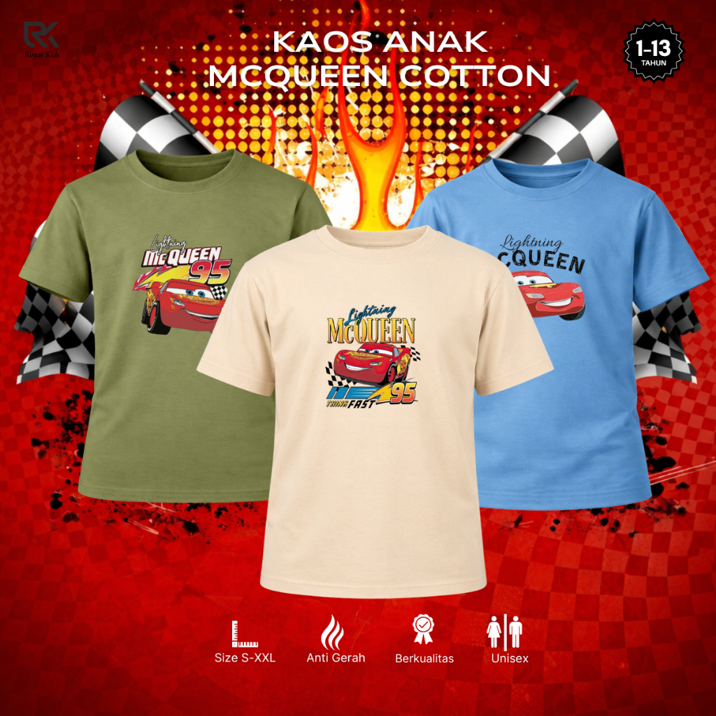 Baju Kaos Anak Lightning McQueen 95 Cars Disney Baju Anak Laki Laki Perempuan Cotton Adem 1–13 Tahun