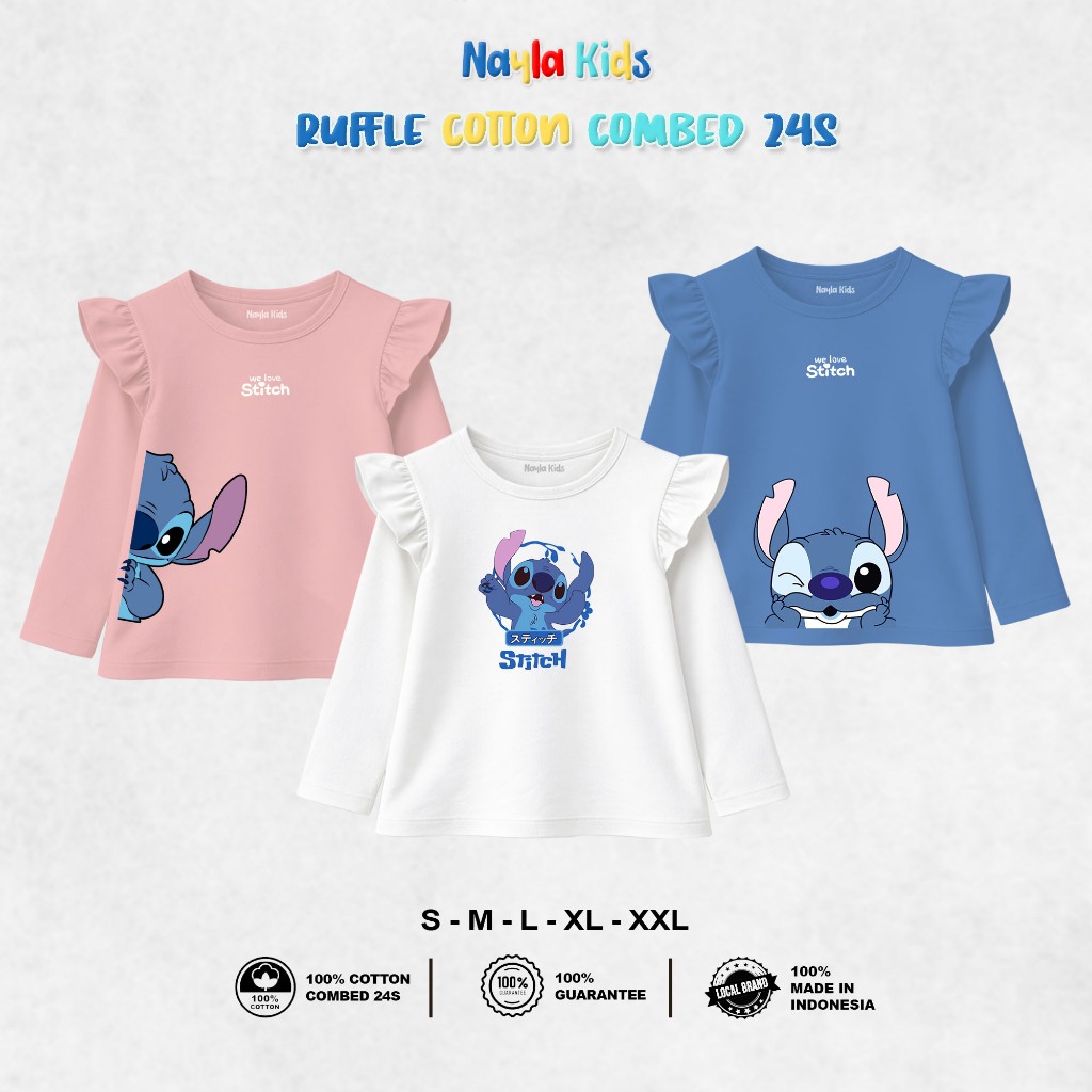 Nayla kids baju kaos anak ruffle tangan panjang motif lilo stitch bahan cotton combed 24s premium us