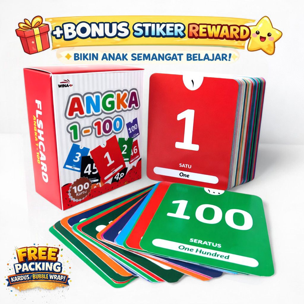 Flashcard Angka 1-100 Anak 3 Bahasa Indonesia Inggris Arab Kartu Edukasi Bela1jar Angka PAUD TK SD