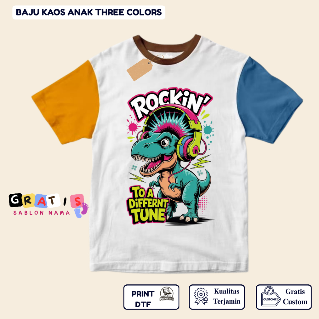 shabira tas  - Kaos Anak DINO ROCKIN  - Kaos Anak Pendek Three Colors Dino - Kaos Anak Sablon Nama