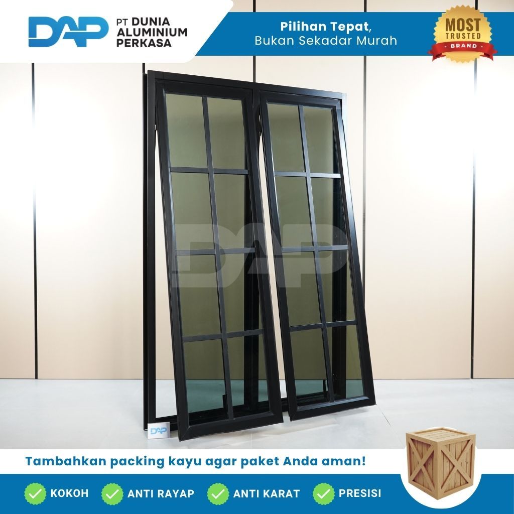 Jendela Aluminium Ornamen L120 x T150 Casement 2 Daun Custom Kusen Aluminium + Kaca